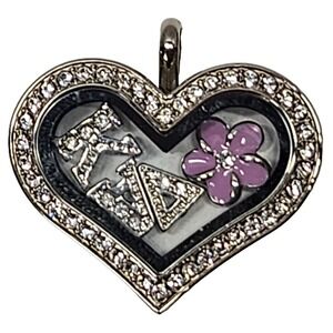 Origami Owl Heart Locket Pendant LOVE Rhinestone Crystal Frame Purple Flower